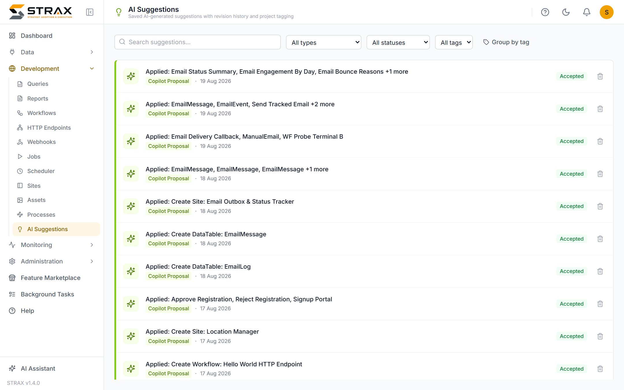 The AI suggestions queue: copilot proposals for queries, tables, workflows and portals, each accepted by a person before it was applied.