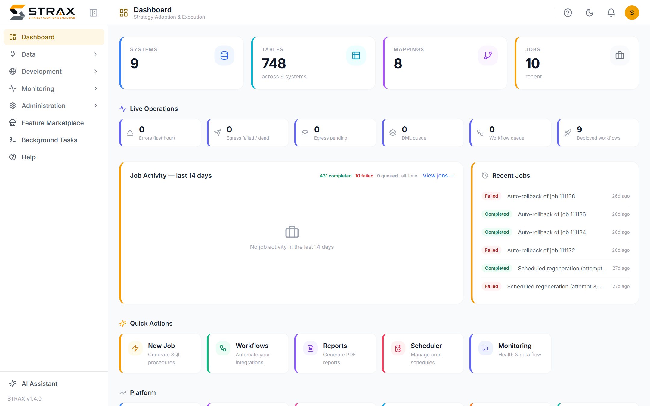 The STRAX console: connected systems, live operations and recent activity on one dashboard.