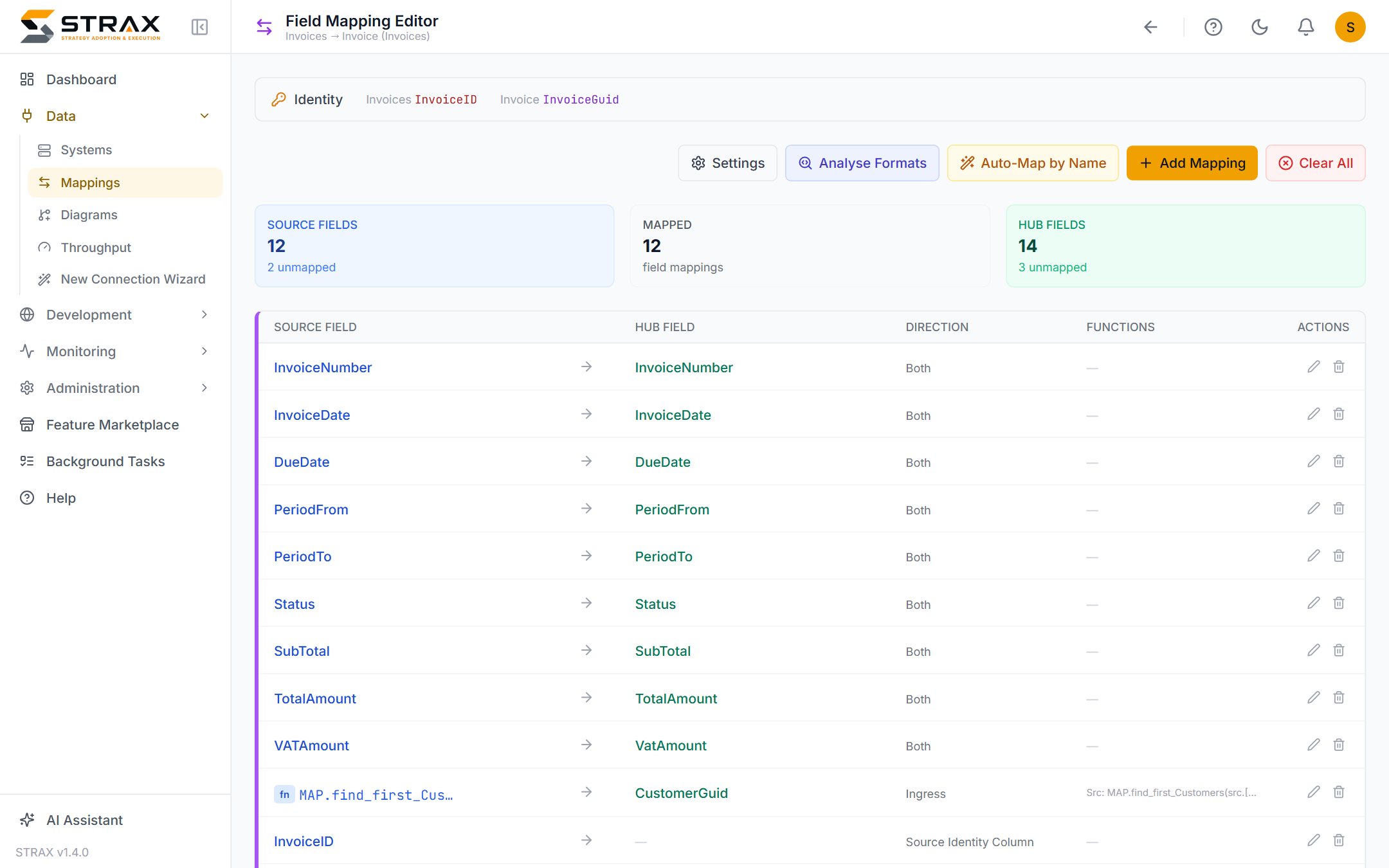 The field mapping editor: source and hub fields aligned side by side, each with its own direction of flow.