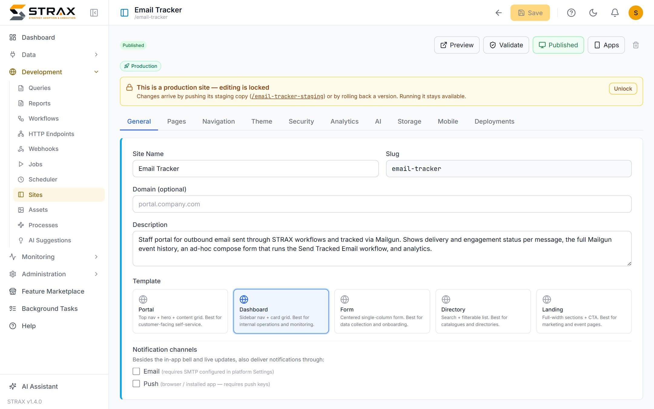 The site builder: a published portal's settings, templates and publishing controls, with staging locked apart from production.